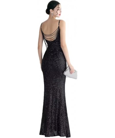 Women's Beadings Back Sequins Prom Dresses with Slit Long Formal Dresses Spaghetti Evening Gowns Black4 $33.75 Dresses