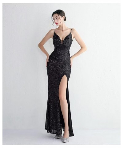 Women's Beadings Back Sequins Prom Dresses with Slit Long Formal Dresses Spaghetti Evening Gowns Black4 $33.75 Dresses