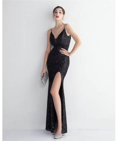 Women's Beadings Back Sequins Prom Dresses with Slit Long Formal Dresses Spaghetti Evening Gowns Black4 $33.75 Dresses