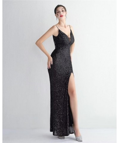 Women's Beadings Back Sequins Prom Dresses with Slit Long Formal Dresses Spaghetti Evening Gowns Black4 $33.75 Dresses