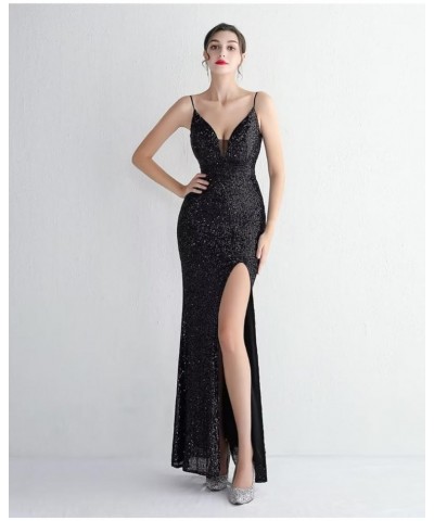 Women's Beadings Back Sequins Prom Dresses with Slit Long Formal Dresses Spaghetti Evening Gowns Black4 $33.75 Dresses