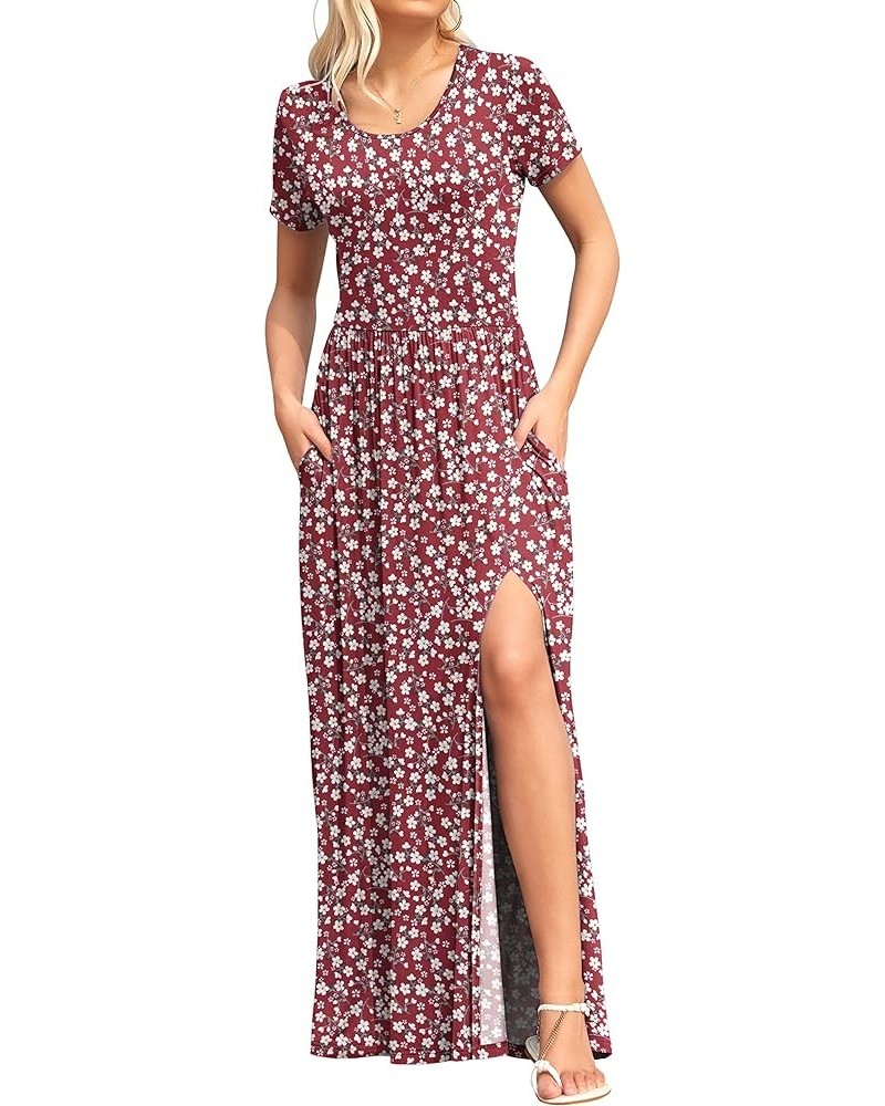 Women Short Sleeve Loose Plain Casual Long Maxi Dresses with Pockets 04-red Flowers $10.50 Dresses