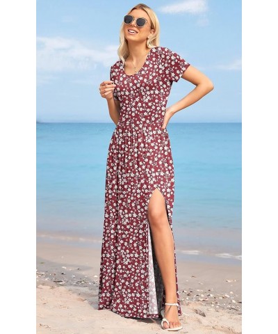 Women Short Sleeve Loose Plain Casual Long Maxi Dresses with Pockets 04-red Flowers $10.50 Dresses