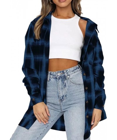 Womens Flannel Plaid Shirts Oversized Long Sleeve Button Down Shacket Blouse Tops 02 Blue $8.84 Blouses