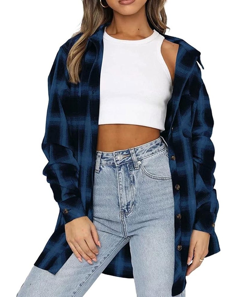 Womens Flannel Plaid Shirts Oversized Long Sleeve Button Down Shacket Blouse Tops 02 Blue $8.84 Blouses