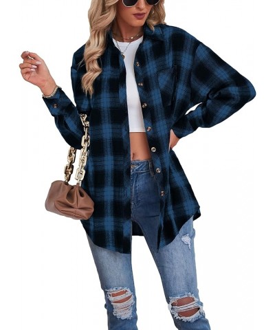 Womens Flannel Plaid Shirts Oversized Long Sleeve Button Down Shacket Blouse Tops 02 Blue $8.84 Blouses