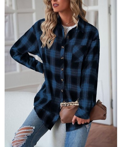 Womens Flannel Plaid Shirts Oversized Long Sleeve Button Down Shacket Blouse Tops 02 Blue $8.84 Blouses