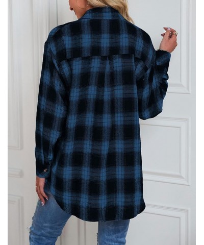 Womens Flannel Plaid Shirts Oversized Long Sleeve Button Down Shacket Blouse Tops 02 Blue $8.84 Blouses