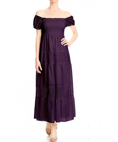 Women’s Boho-Chic Off-Shoulder Lace Maxi Dress with Smocked Detailing Purple $31.19 Dresses