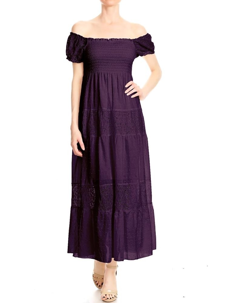 Women’s Boho-Chic Off-Shoulder Lace Maxi Dress with Smocked Detailing Purple $31.19 Dresses