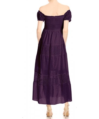 Women’s Boho-Chic Off-Shoulder Lace Maxi Dress with Smocked Detailing Purple $31.19 Dresses