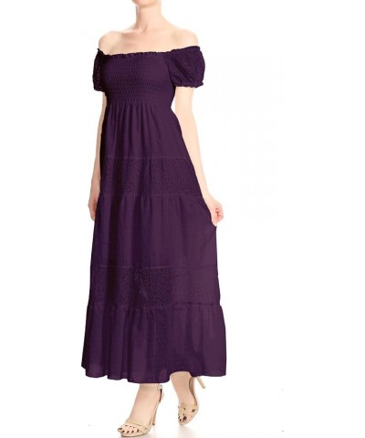 Women’s Boho-Chic Off-Shoulder Lace Maxi Dress with Smocked Detailing Purple $31.19 Dresses