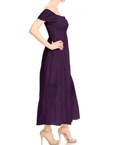 Women’s Boho-Chic Off-Shoulder Lace Maxi Dress with Smocked Detailing Purple $31.19 Dresses