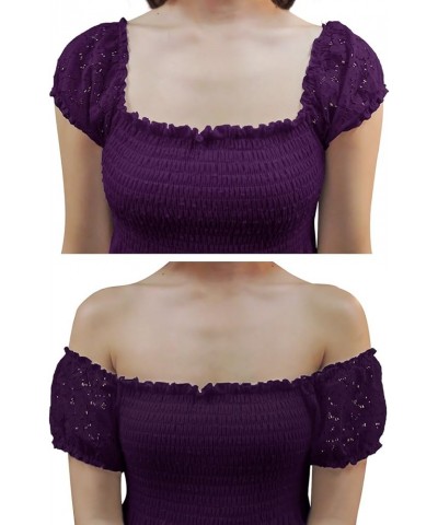 Women’s Boho-Chic Off-Shoulder Lace Maxi Dress with Smocked Detailing Purple $31.19 Dresses