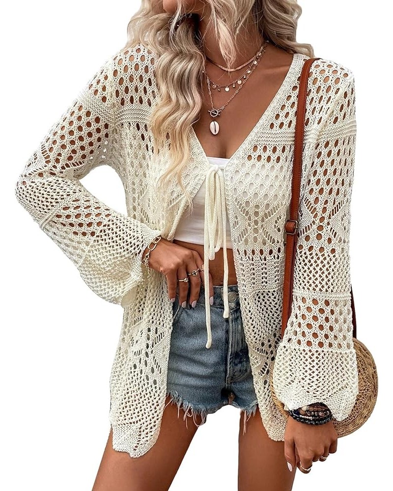 Women's Hollow Out Tie Front Bikini Cover Up Top Plain Long Sleeve Kimono Beige $16.42 Swimsuits