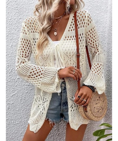 Women's Hollow Out Tie Front Bikini Cover Up Top Plain Long Sleeve Kimono Beige $16.42 Swimsuits