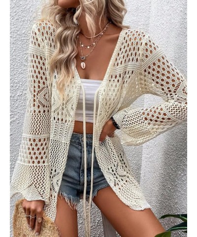 Women's Hollow Out Tie Front Bikini Cover Up Top Plain Long Sleeve Kimono Beige $16.42 Swimsuits