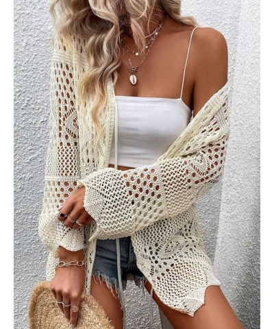 Women's Hollow Out Tie Front Bikini Cover Up Top Plain Long Sleeve Kimono Beige $16.42 Swimsuits