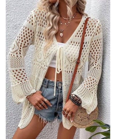 Women's Hollow Out Tie Front Bikini Cover Up Top Plain Long Sleeve Kimono Beige $16.42 Swimsuits