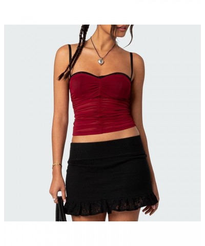 Women Mesh Sheer Cami Y2K Spaghetti Strap Tank Tops Backless Sleeveless Going Out Crop Top Summer Streetwear Patchwork/Red $6...