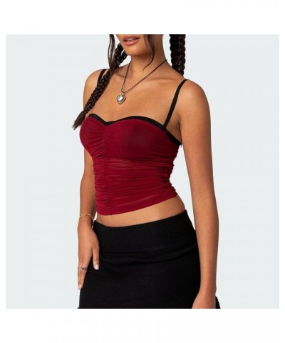 Women Mesh Sheer Cami Y2K Spaghetti Strap Tank Tops Backless Sleeveless Going Out Crop Top Summer Streetwear Patchwork/Red $6...