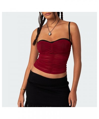 Women Mesh Sheer Cami Y2K Spaghetti Strap Tank Tops Backless Sleeveless Going Out Crop Top Summer Streetwear Patchwork/Red $6...