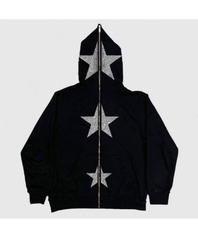 Women Y2K Star Graphic Hoodies Grunge Vintage Zip Up Hoodie Sweatshirt E-Girls Oversized Jacket Fall Winter Clothes Rhineston...