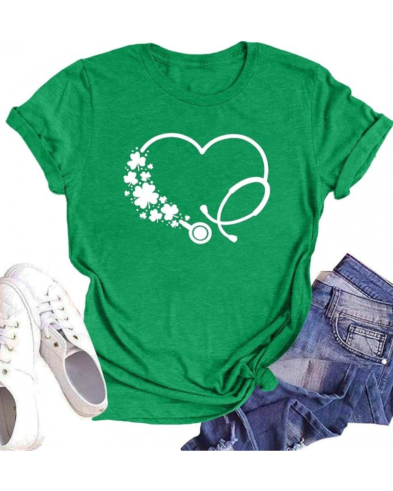 St. Patrick's Day Shirts for Women Shamrock Heart Graphic Tees St Patty's Lucky T-Shirt Irish Tops Green10 $7.50 T-Shirts