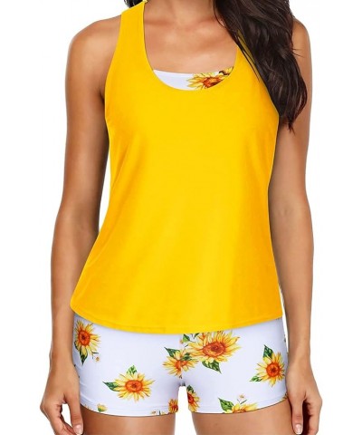 3 Piece Womens Tankini Swimsuits with Shorts Athletic Bathing Suits Tank Tops with Bra and Boyshorts Yellow Sunflower $18.48 ...