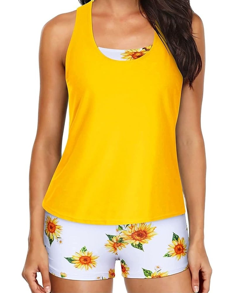 3 Piece Womens Tankini Swimsuits with Shorts Athletic Bathing Suits Tank Tops with Bra and Boyshorts Yellow Sunflower $18.48 ...