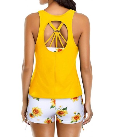 3 Piece Womens Tankini Swimsuits with Shorts Athletic Bathing Suits Tank Tops with Bra and Boyshorts Yellow Sunflower $18.48 ...