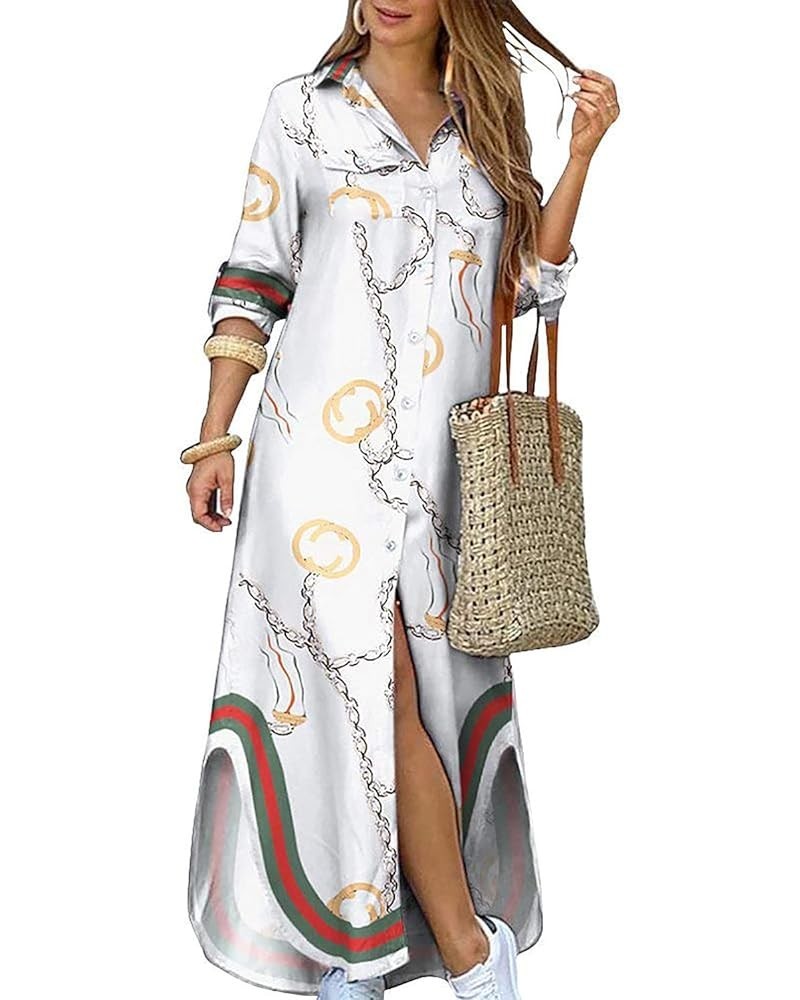 Women's Casual Print Button Front Maxi Shirt Dress White $24.03 Dresses