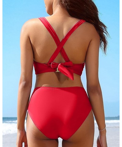 Women High Waisted Bikini Sets Two Piece Swimsuit Ruched Sexy Bandeau Bathing Suit Red Brown $12.42 Swimsuits