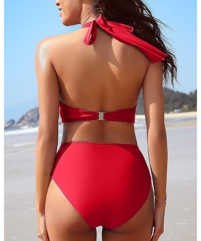 Women High Waisted Bikini Sets Two Piece Swimsuit Ruched Sexy Bandeau Bathing Suit Red Brown $12.42 Swimsuits