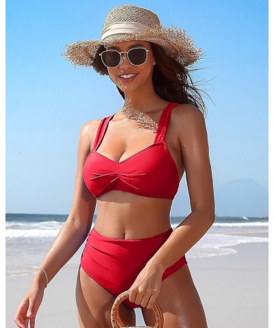 Women High Waisted Bikini Sets Two Piece Swimsuit Ruched Sexy Bandeau Bathing Suit Red Brown $12.42 Swimsuits