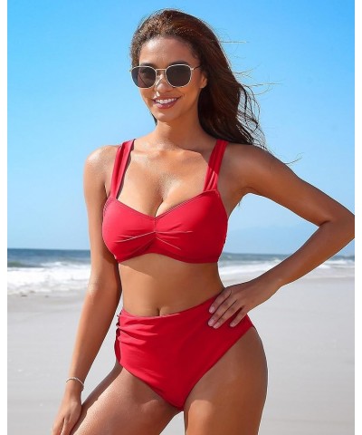 Women High Waisted Bikini Sets Two Piece Swimsuit Ruched Sexy Bandeau Bathing Suit Red Brown $12.42 Swimsuits