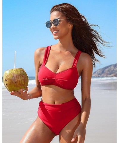 Women High Waisted Bikini Sets Two Piece Swimsuit Ruched Sexy Bandeau Bathing Suit Red Brown $12.42 Swimsuits