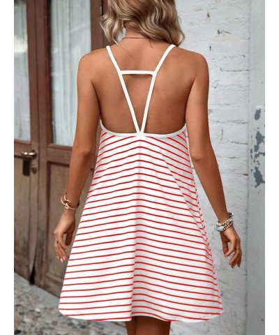 Women's Spaghetti Strap V Neck Cami Dress Summer Stripe Print Loose Short Dresses Pink $15.98 Dresses