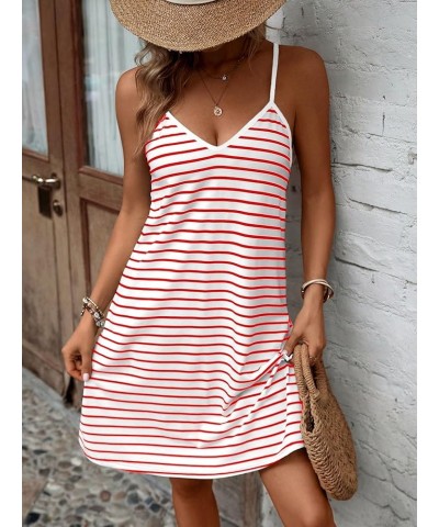 Women's Spaghetti Strap V Neck Cami Dress Summer Stripe Print Loose Short Dresses Pink $15.98 Dresses