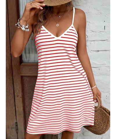 Women's Spaghetti Strap V Neck Cami Dress Summer Stripe Print Loose Short Dresses Pink $15.98 Dresses