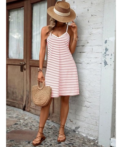 Women's Spaghetti Strap V Neck Cami Dress Summer Stripe Print Loose Short Dresses Pink $15.98 Dresses