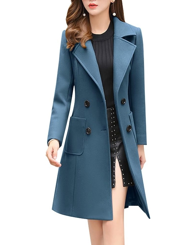 Women Elegant Notched Collar Double Breasted Wool Blend Over Coat Dark Blue $28.47 Coats