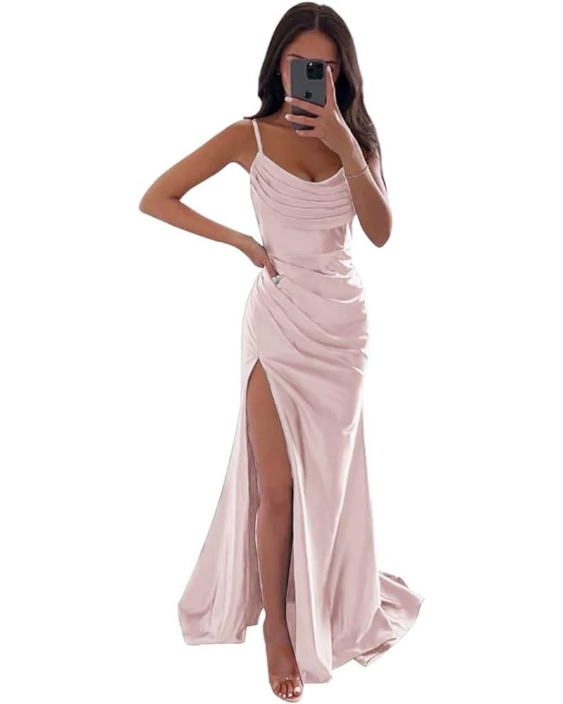 Women's Satin Prom Dress Long with Slit Ruched Mermaid Evening Gowns Formal Dress Blush $38.42 Dresses