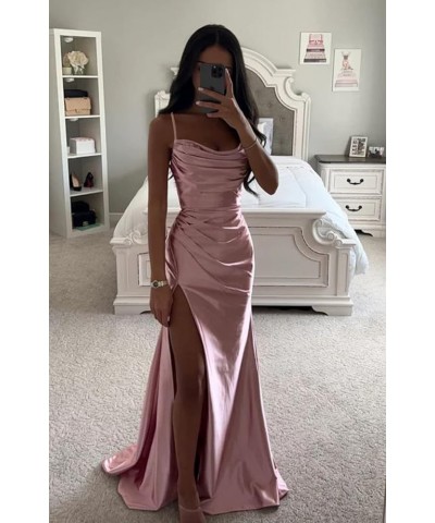 Women's Satin Prom Dress Long with Slit Ruched Mermaid Evening Gowns Formal Dress Blush $38.42 Dresses