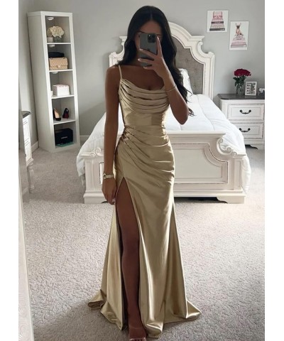 Women's Satin Prom Dress Long with Slit Ruched Mermaid Evening Gowns Formal Dress Blush $38.42 Dresses