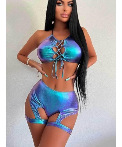 Women's 2 Piece Swimsuit Metallic Rave Outfits Halter Sexy Tops Shorts Garter Lingerie Set Beach Shiny Bikini Set Blue $14.55...