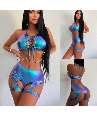 Women's 2 Piece Swimsuit Metallic Rave Outfits Halter Sexy Tops Shorts Garter Lingerie Set Beach Shiny Bikini Set Blue $14.55...