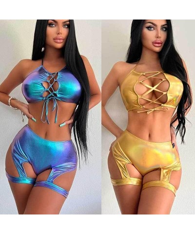 Women's 2 Piece Swimsuit Metallic Rave Outfits Halter Sexy Tops Shorts Garter Lingerie Set Beach Shiny Bikini Set Blue $14.55...