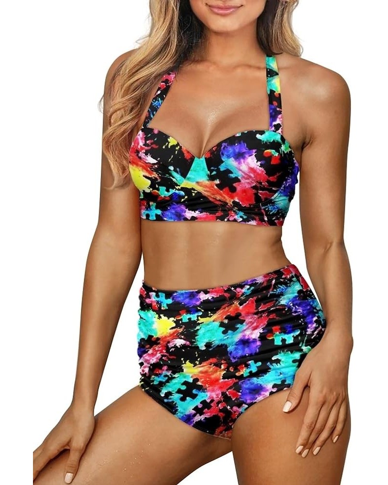 High Waisted Novelty Pattern 2 Piece Bikini Set for Women Tummy Control Swimsuit Push Up Bathing Suit Autism Awareness $18.89...