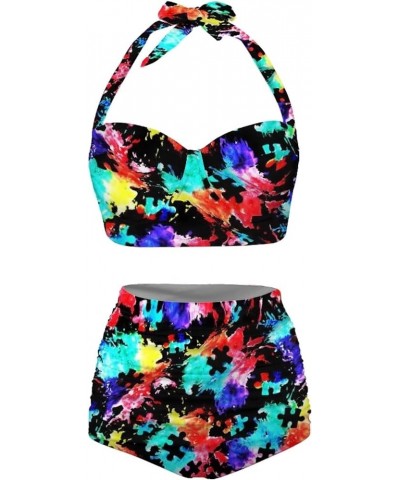 High Waisted Novelty Pattern 2 Piece Bikini Set for Women Tummy Control Swimsuit Push Up Bathing Suit Autism Awareness $18.89...